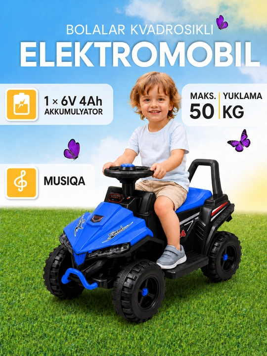 Bolalar uchun akkumulyatorli elektr kvadrotsikli, bolalar elektromobili - 