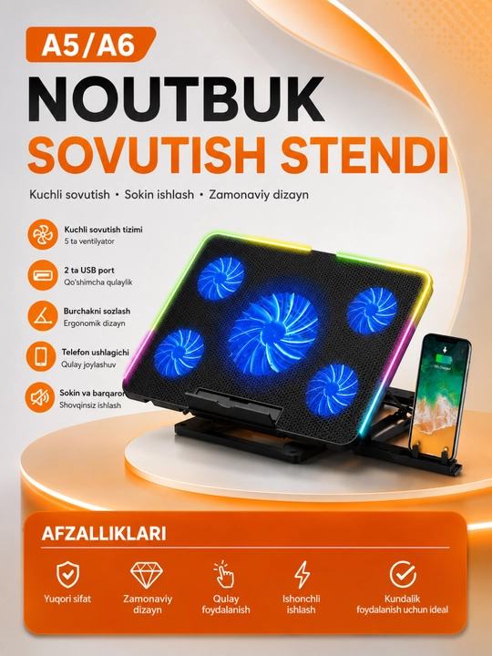 Охлаждающая подставка A5/A6 CoolerPad для ноутбука 9–17", 5 вентиляторов, RGB, USB - 