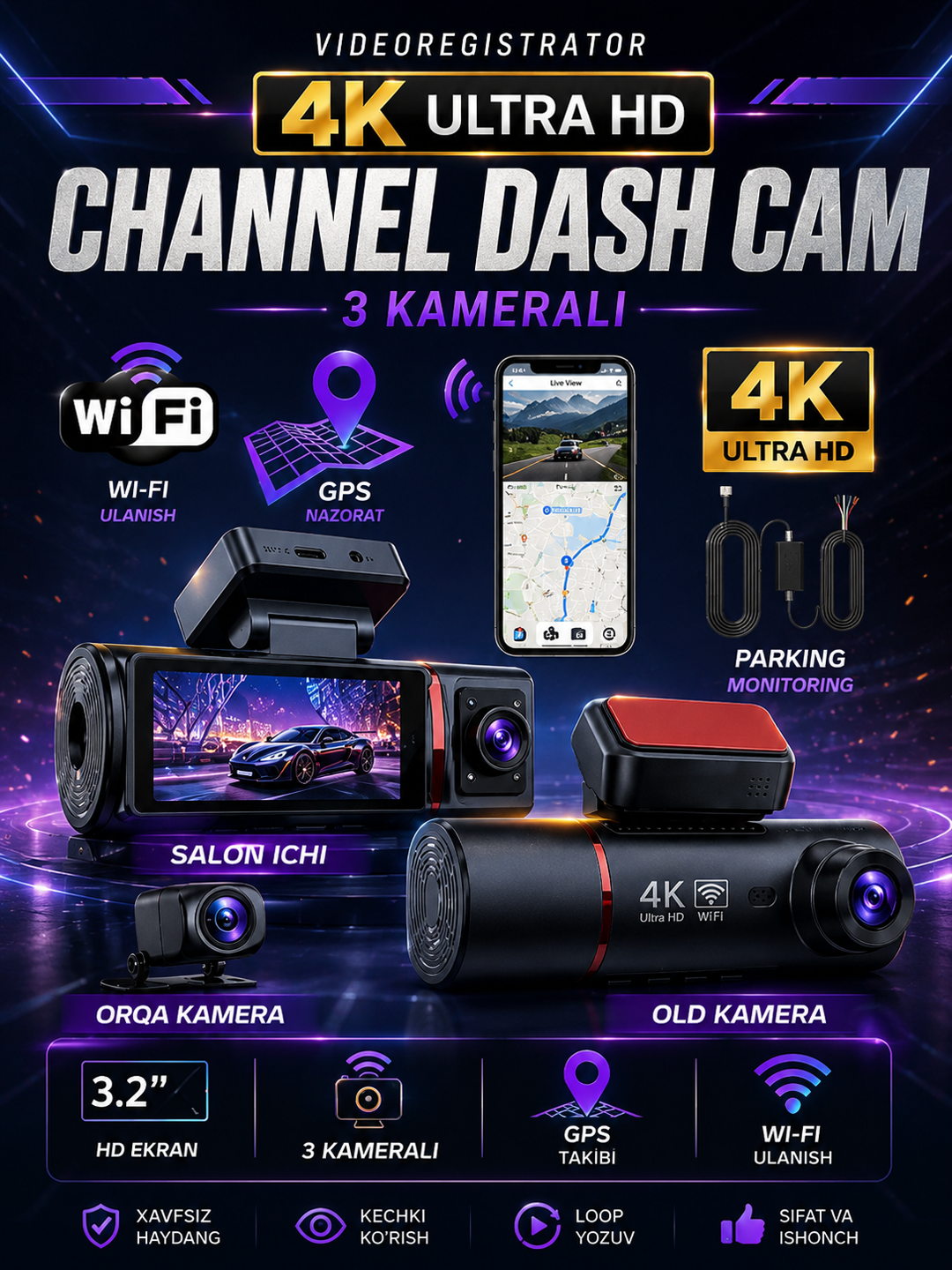 Видеорегистратор Channel 3 камеры 4K Ultra HD WiFi GPS  Parking дисплей 3.2 HD - 