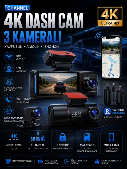 Videoregistrator Channel 3 Kamerali 4K Ultra HD WiFi GPS  Parking 3.2 HD displey ekran