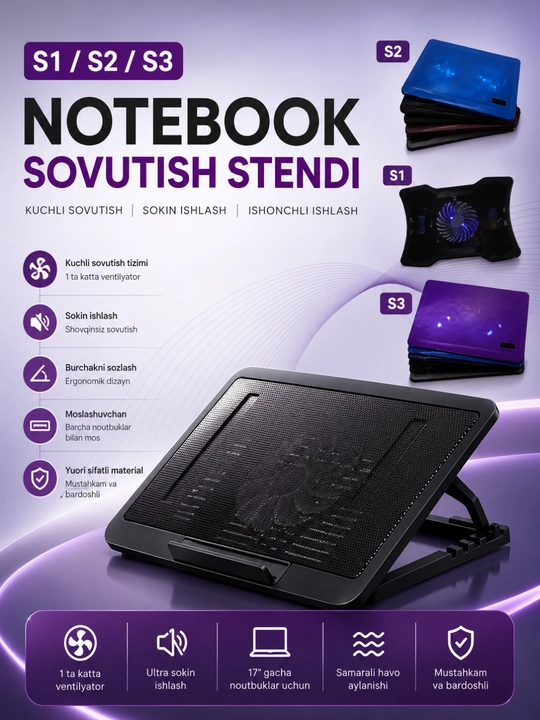 S1/S2/S3 Notebook Cooling Pad – 9–17" Noutbuklar Uchun USB Sovutish Stendi - 