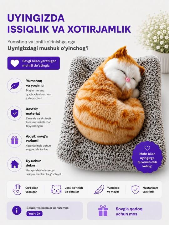 Realistik uxlayotgan mushukcha yumshoq o'yinchog'i - 