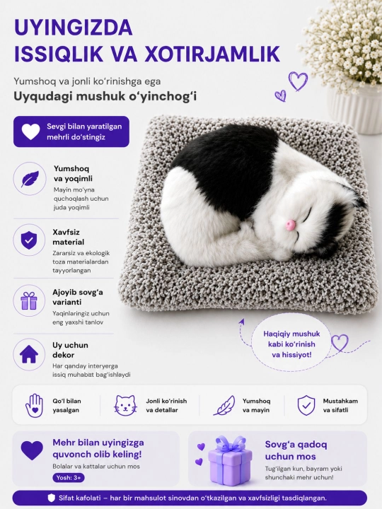 Realistik uxlayotgan mushukcha yumshoq o'yinchog'i - 