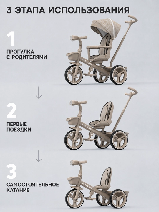 Bolalar uch g‘ildirakli velosiped-aravachasi, ota-ona tutqichi, musiqa va chiroq