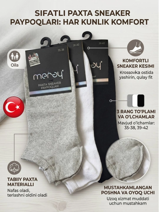 Turkiya, unisex Meray-paxtali kalta paypoqlari, krossovkalar uchun, 1 juft