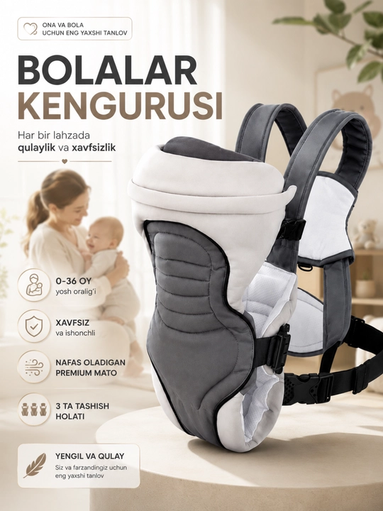 Bolalar kengurusi, ergonomik chaqaloq tashish sumkasi, nafas oladigan, 3 ta holat - 