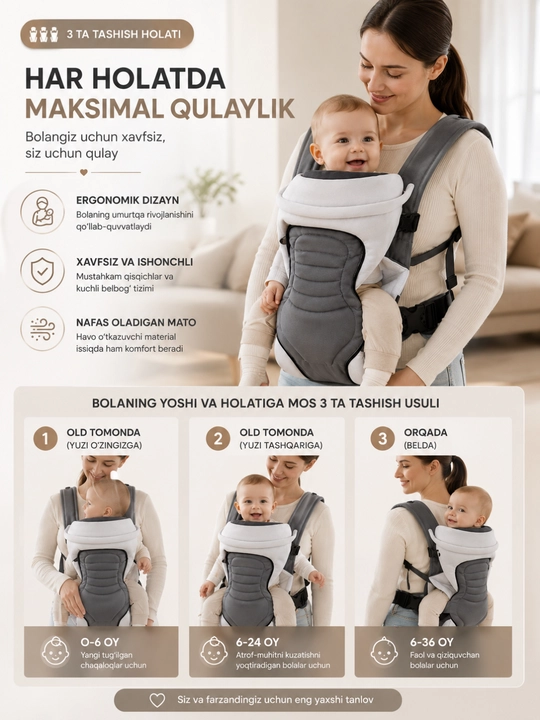 Bolalar kengurusi, ergonomik chaqaloq tashish sumkasi, nafas oladigan, 3 ta holat