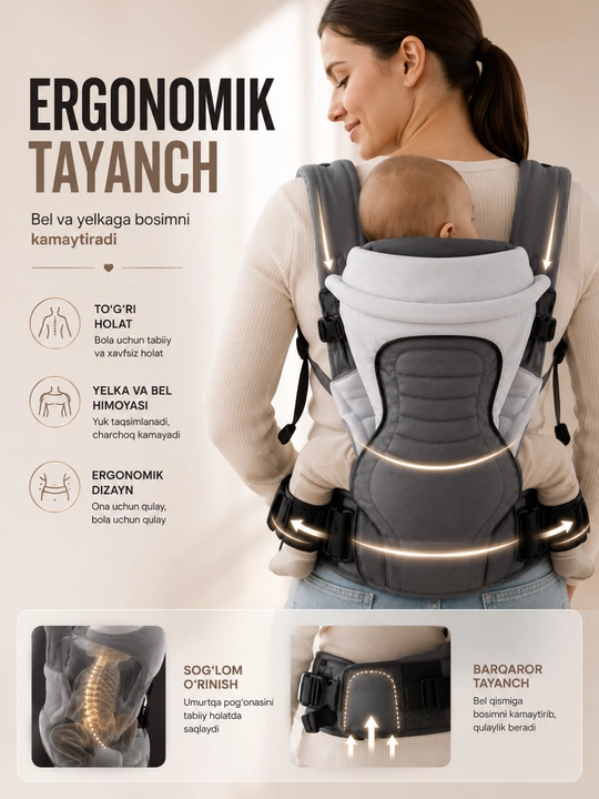 Bolalar kengurusi, ergonomik chaqaloq tashish sumkasi, nafas oladigan, 3 ta holat