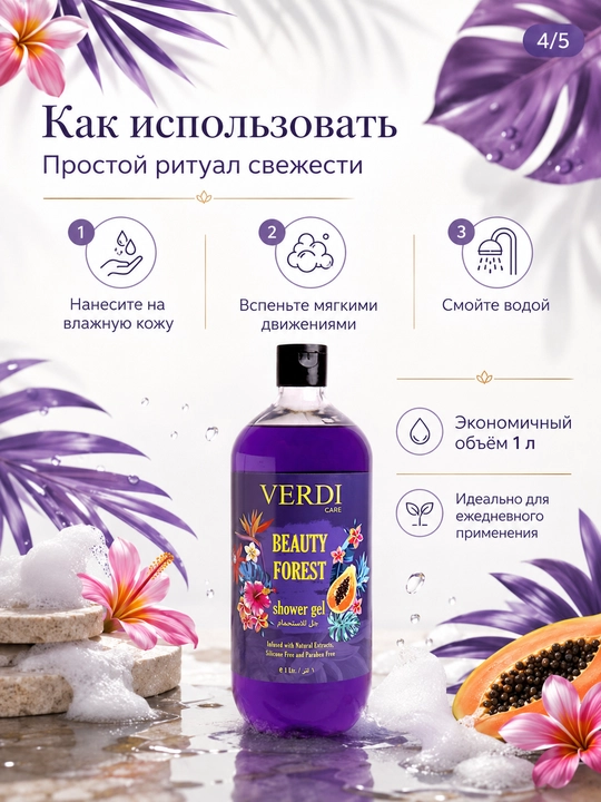 Гель для душа 1 л с натуральными экстрактами, 5 ароматов