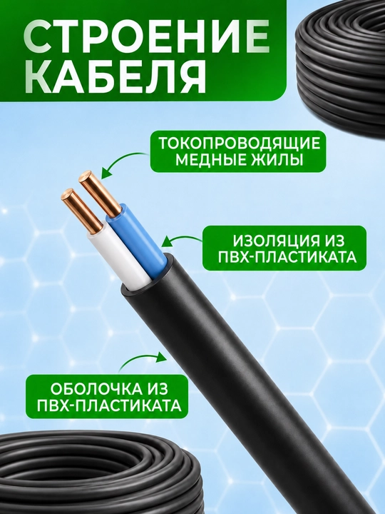 VVG 3×2.5 mis dumaloq kabel, yerga ulashli rozetkalar uchun, 660 V, 5–200 m