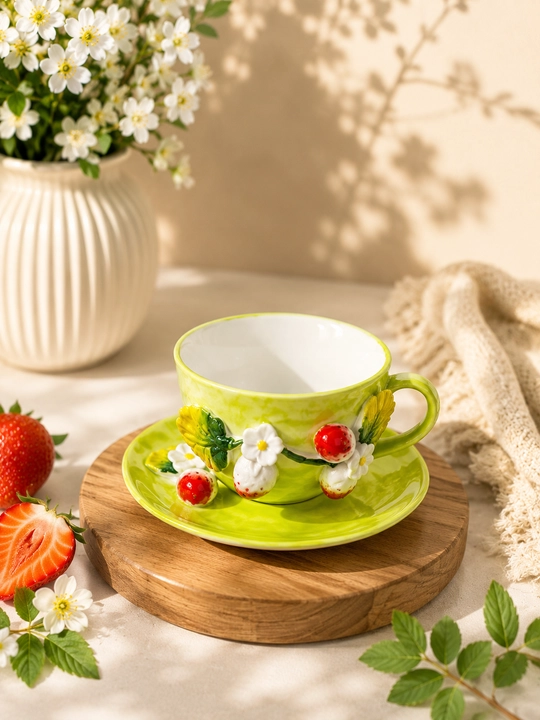 Pinterest Choy Piyolasi Va Likopchasi Qulupnay Dizaynli Dekorativ Choy To‘plami