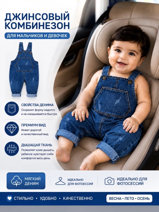Джинсовый комбинезон для детей 1–5 лет, Удобный крой, мягкий деним и стильный дизайн