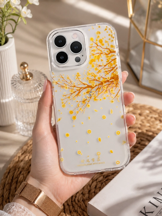 Telefon chexoli iPhone 15 Pro Max uchun, oltin daraxtli shaffof g'ilof - 