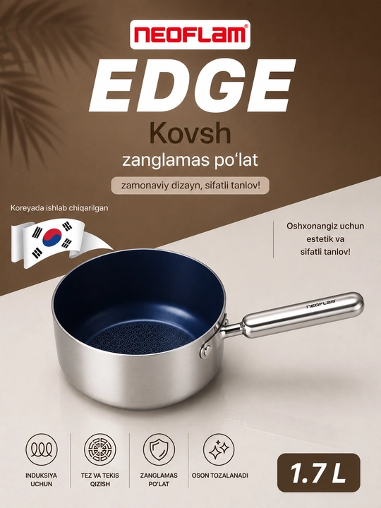 NEOFLAM EDGE 1,7 litrli, zanglamaydigan po‘latdan yasalgan, shisha qopqoqli, induksion manqal - 