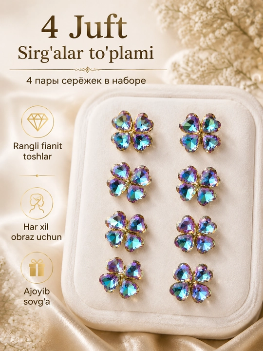 Ziraklar qizlar uchun, klever, 4 juft to‘plam, o‘smirlar uchun fianit toshli - 