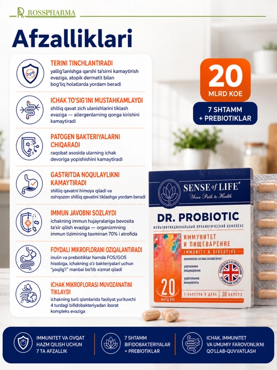 Probiotik kompleksi immunitet va ovqat hazm qilish uchun DR.PROBIOTIC