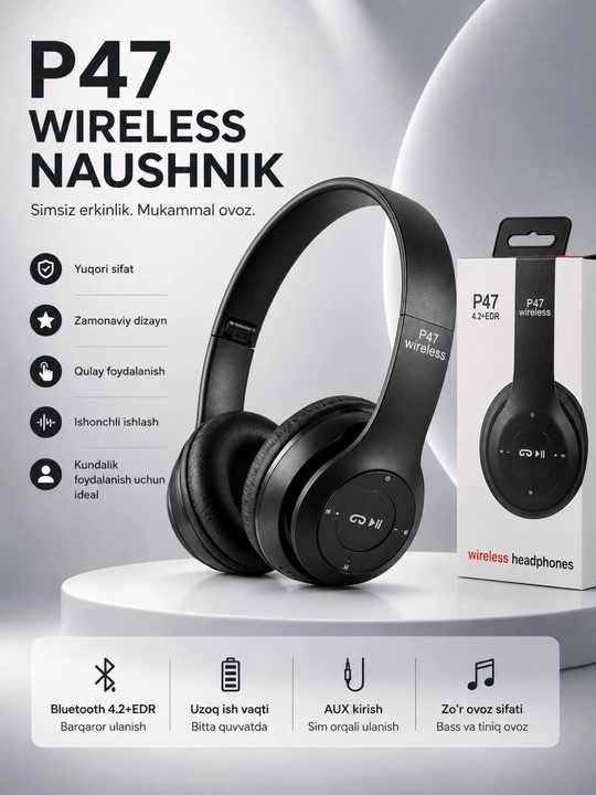 P47 Wireless Bluetooth Quloqchin – Stereo Ovoz, Mikrofon, TF Karta va AUX Ulanish - 