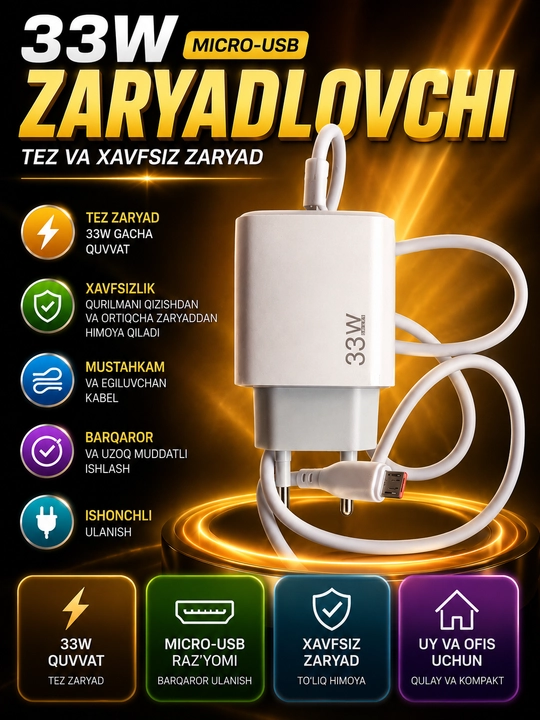 Быстрое зарядное устройство Micro-USB 33Вт с кабелем,для Samsung,Nokia,Redmi,Novey - 