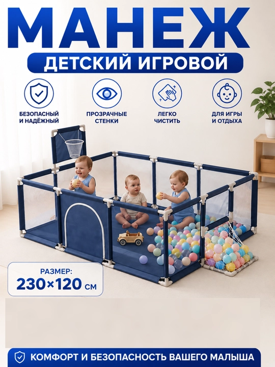 Детский игровой манеж с защитным ограждением, сухой бассейн для шариков - 