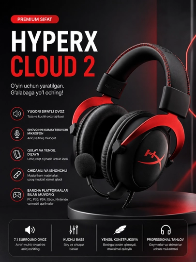 HyperX Cloud II Игровая гарнитура с микрофоном стерео для ПК PS5 Xbox Ноутбука - 