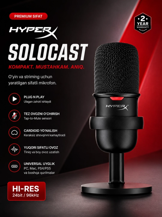 HyperX SoloCast USB kondensatorli mikrofon o‘yinlar, podkastlar va yozuvlarni striming qilish uchun - 