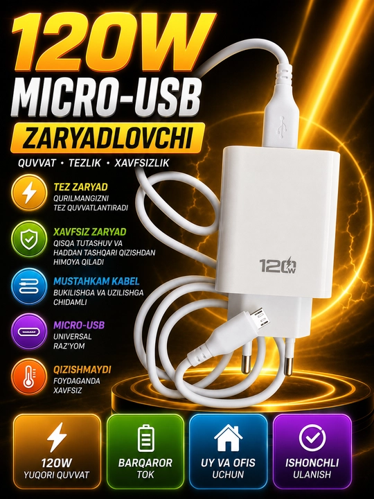 Быстрое зарядное устройство Micro-USB 120Вт с кабелем,для Samsung,Nokia,Redmi,Novey - 