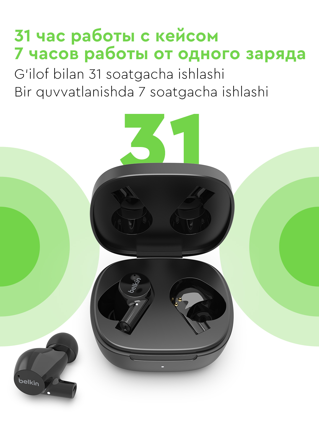 Simsiz quloqchinlar Belkin SoundForm Rise TWS, mikrofonli va Qi zaryadli