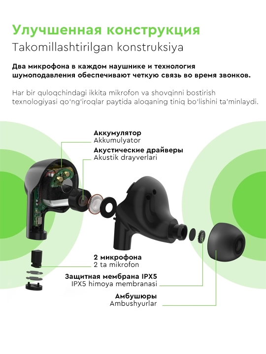 Simsiz quloqchinlar Belkin SoundForm Rise TWS, mikrofonli va Qi zaryadli