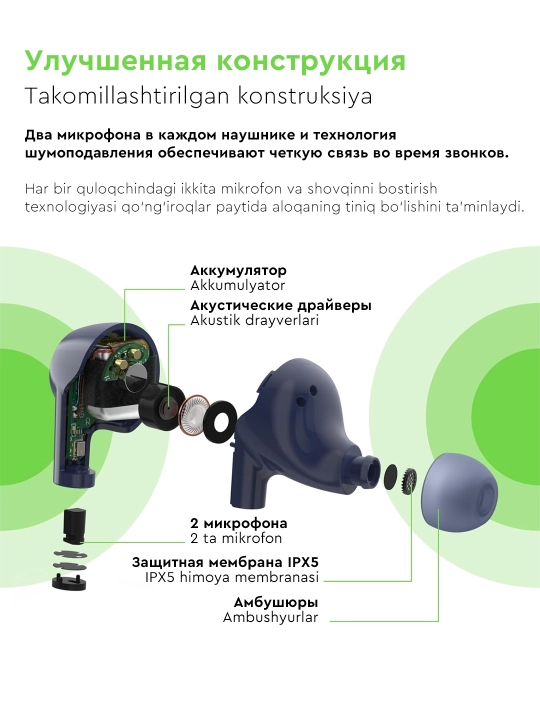 Simsiz quloqchinlar Belkin SoundForm Rise TWS, mikrofonli va Qi zaryadli