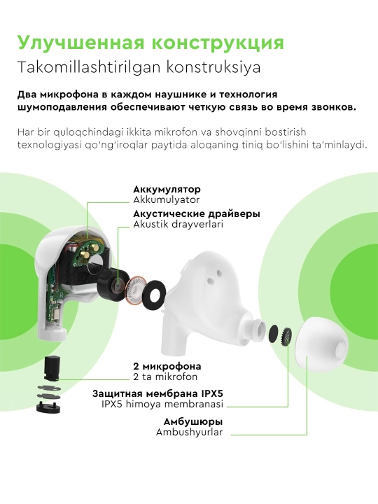 Simsiz quloqchinlar Belkin SoundForm Rise TWS, mikrofonli va Qi zaryadli