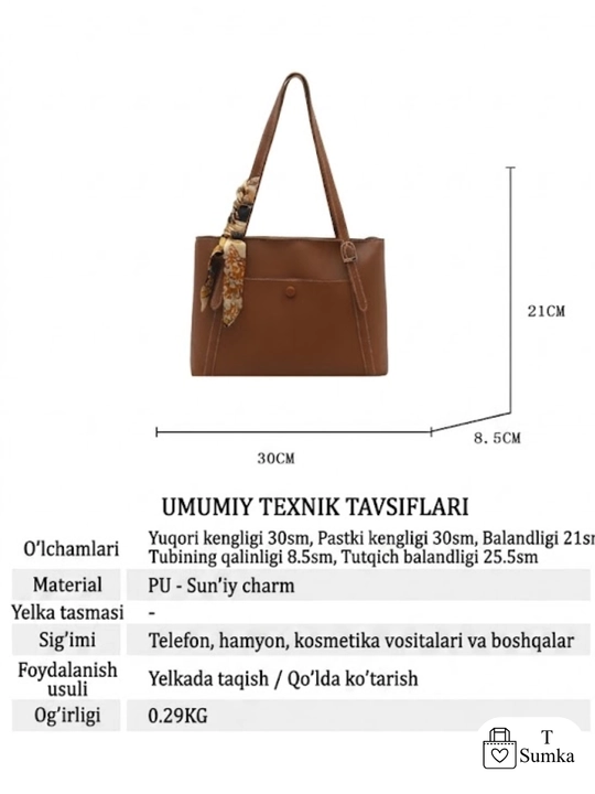 Ayollar yelka sumkasi, A4 o‘lchamda, eko-charmdan tayyorlangan