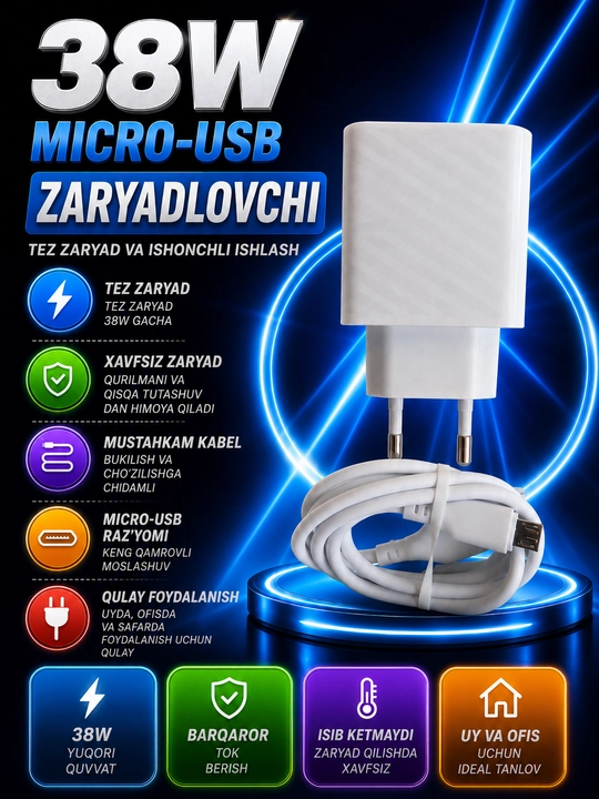 Быстрое зарядное устройство Micro-USB 38Вт с кабелем,для Samsung,Nokia,Redmi,Novey - 