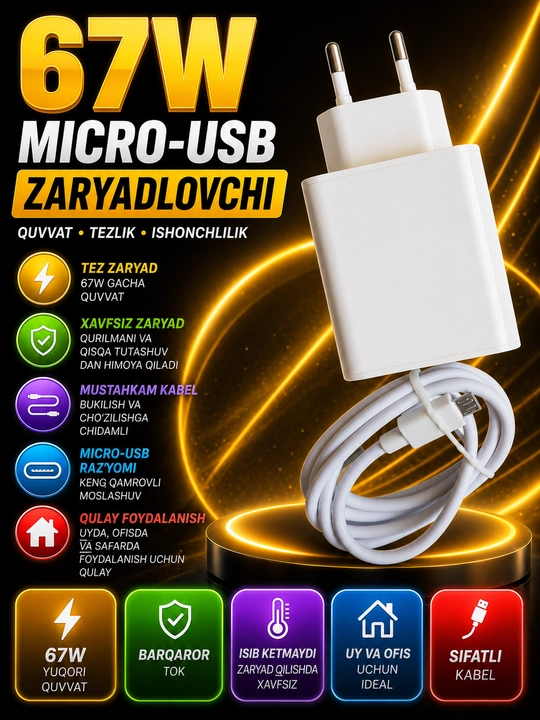 Быстрое зарядное устройство Micro-USB 67Вт с кабелем, для Samsung, Nokia, Redmi, Novey