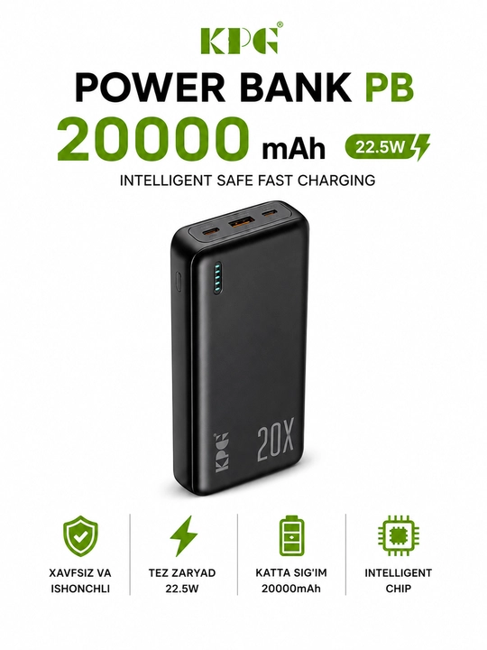 Tashqi akkumulyator, 20.000 mA/soat, 22,5 Vt tez zaryadlash USB Type-C  Tashqi Batareya - 