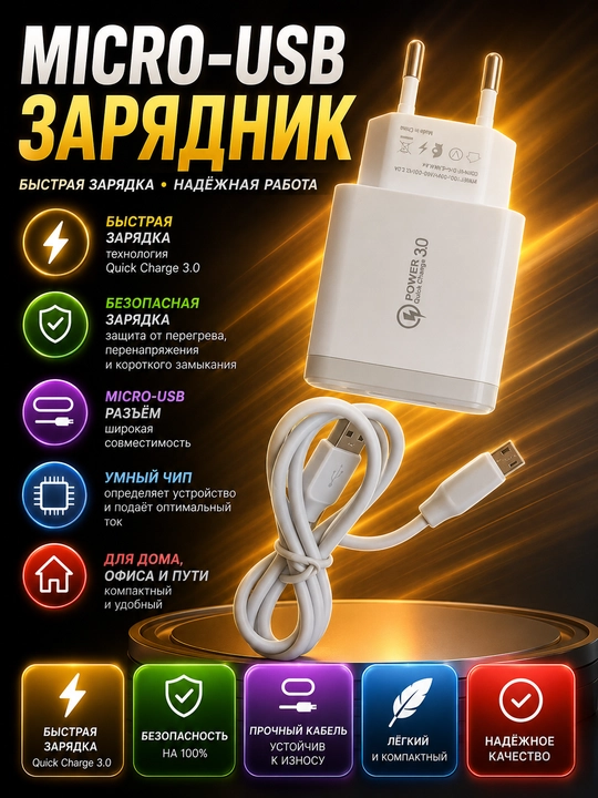 Быстрое зарядное устройство Micro-USB с кабелем, для Samsung, Nokia, Redmi, Novey - 