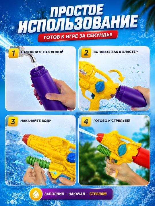 Водяной бластер для детей, водный пистолет с резервуаром, 3 размера