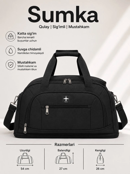 Sayohat sumkasi, katta sig'imli, suvga chidamli, sport va safar uchun, qora - 