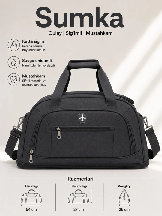 Sayohat sumkasi, katta sig'imli, suvga chidamli, sport va safar uchun, qora - 