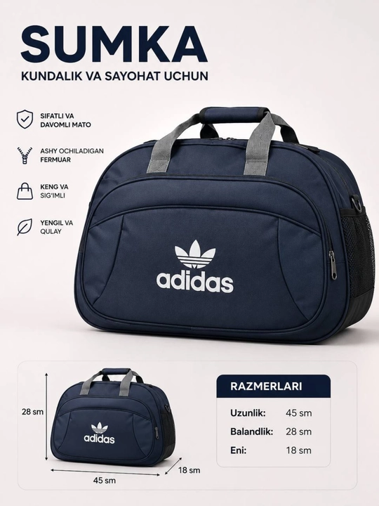 Sayohat sumkasi, katta sig'imli, suvga chidamli, sport va safar uchun, qora - 