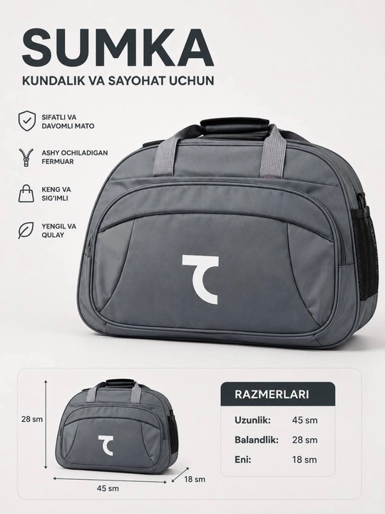 Sayohat sumkasi, katta sig'imli, suvga chidamli, sport va safar uchun, qora - 