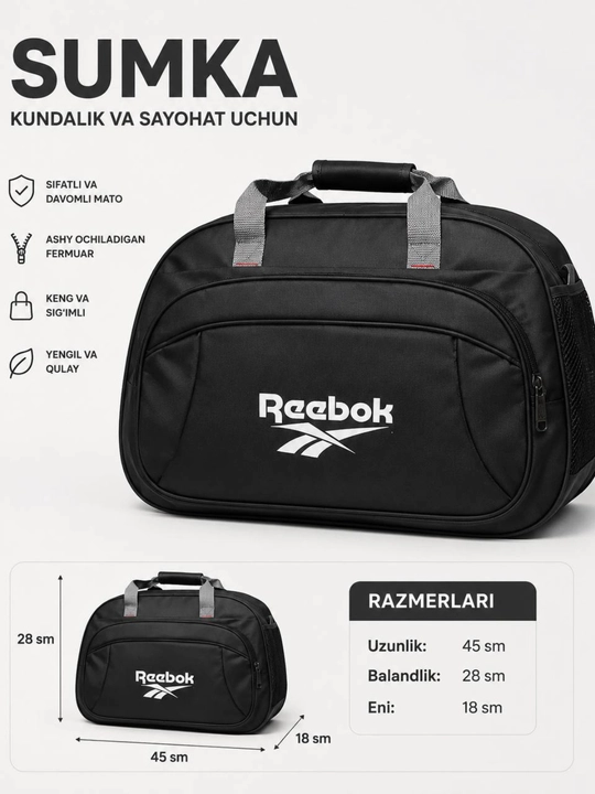 Sayohat sumkasi, katta sig'imli, suvga chidamli, sport va safar uchun, qora - 