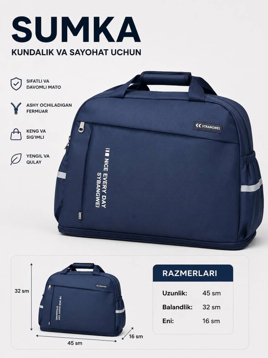 Sayohat sumkasi, katta sig'imli, suvga chidamli, sport va safar uchun, qora - 