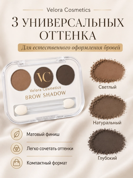 Velora Cosmetics Brow Shadow qosh soyalari, 3 xil xira rangda, applikator bilan