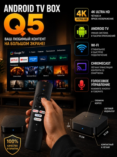 Q5 Android TV Pult Box 4K Ultra HD, Smart TV, Wi-Fi, Chromecast va Ovozli Boshqaruv