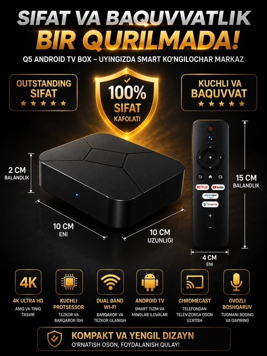 Q5 Android TV Pult Box 4K Ultra HD, Smart TV, Wi-Fi, Chromecast va Ovozli Boshqaruv