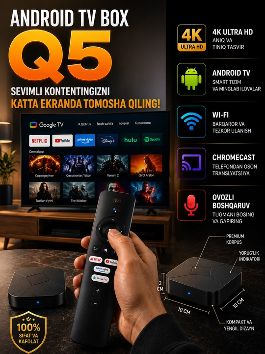 Q5 Android TV Pult Box 4K Ultra HD, Smart TV, Wi-Fi, Chromecast va Ovozli Boshqaruv