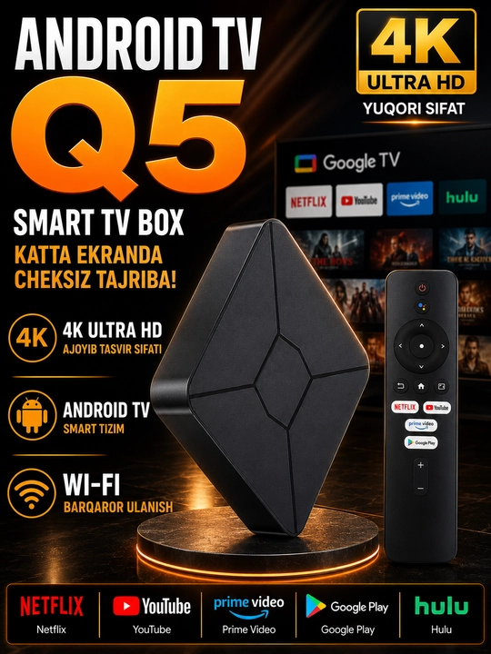 Q5 Android TV Pult Box 4K Ultra HD, Smart TV, Wi-Fi, Chromecast va Ovozli Boshqaruv - 