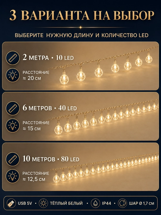 Kristall sharli LED girlyanda, USB 5V, IP44, uy, deraza va bayram bezagi uchun, 2–10 m