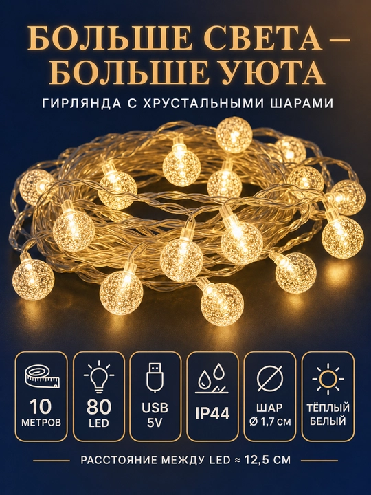 Kristall sharli LED girlyanda, USB 5V, IP44, uy, deraza va bayram bezagi uchun, 2–10 m