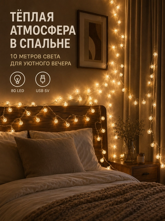 Kristall sharli LED girlyanda, USB 5V, IP44, uy, deraza va bayram bezagi uchun, 2–10 m
